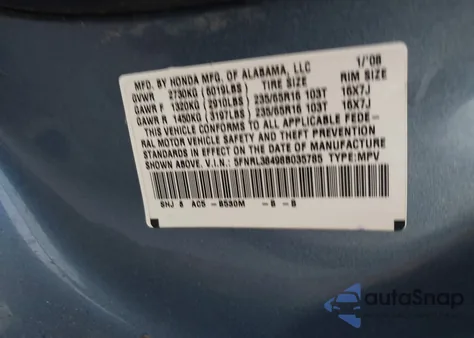2008 Honda Odyssey Ex from USA, damaged, VIN 5FNRL38498B035785